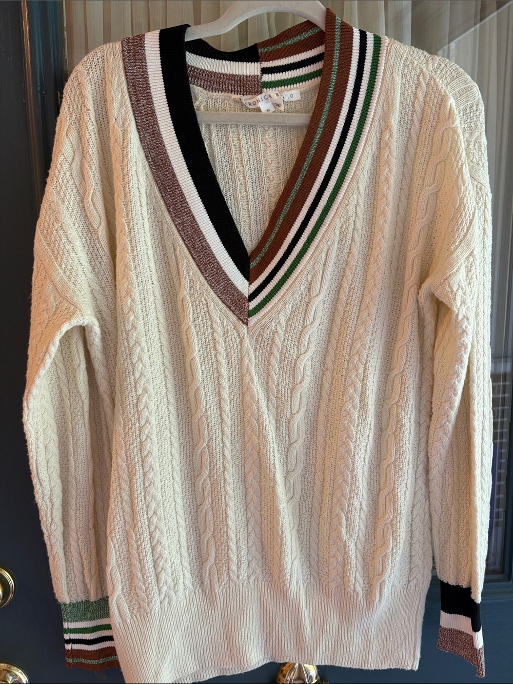 Veronica Beard Cream Cable-Knit V-Neck Sweater with Brown, Black & Green Trim